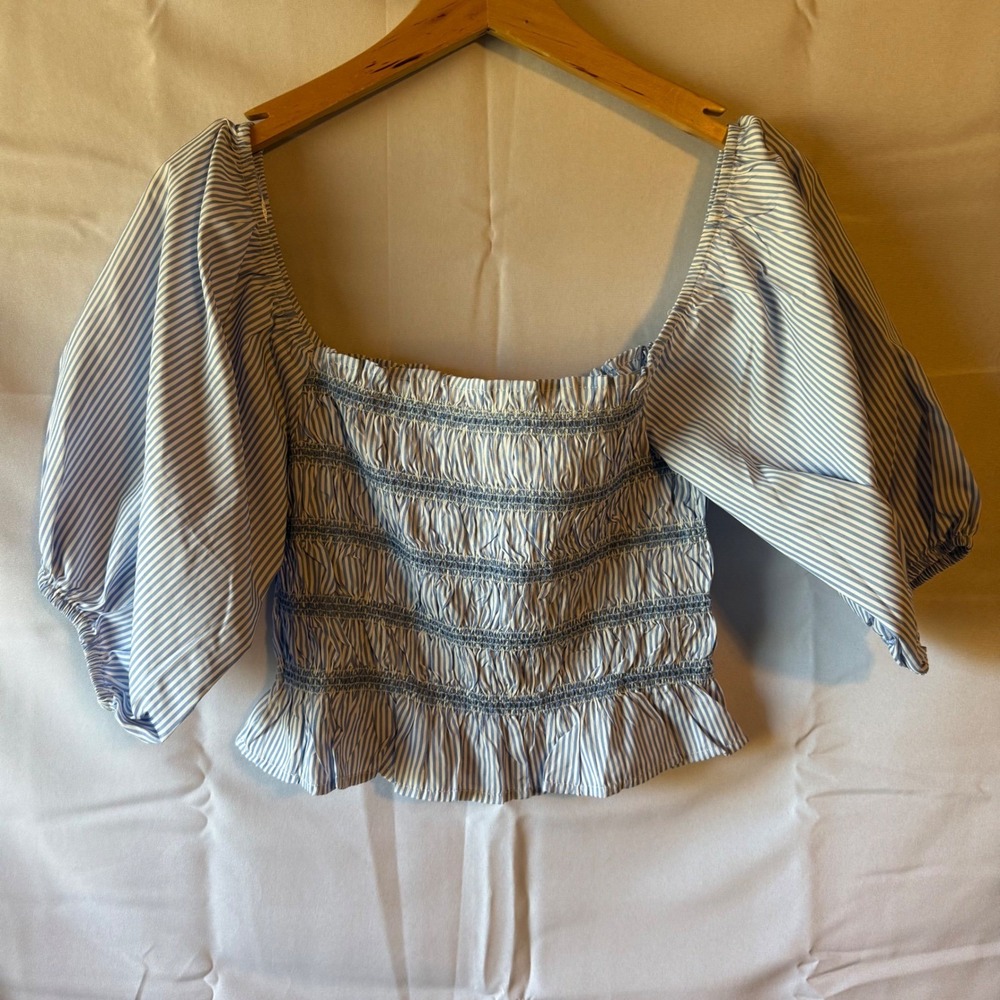 New Blue White Stripe Smocked Square Neck Peplum Crop Blouse Size L cottagecore - Picture 3 of 8